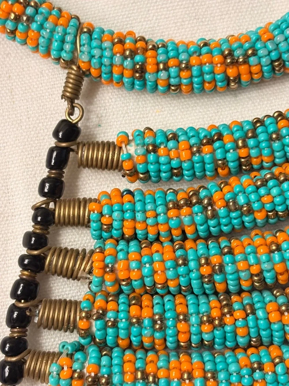 African Maasai Beaded Handcrafted Turquoise & Orange Beaded Statement Necklace
